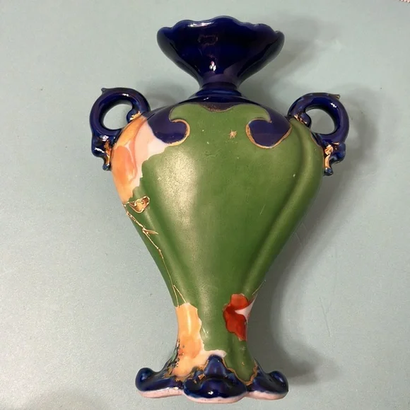 Asian Porcelain Hand Painted Cobalt Blue Vase w/Flowers & Foliage Motif - Picture 2 of 5
